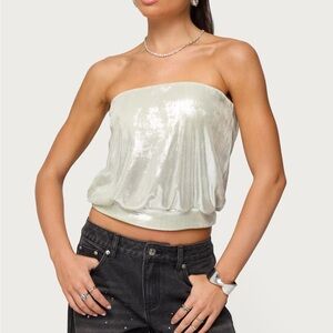 Edikted Shimmering Silver Strapless Crop Top